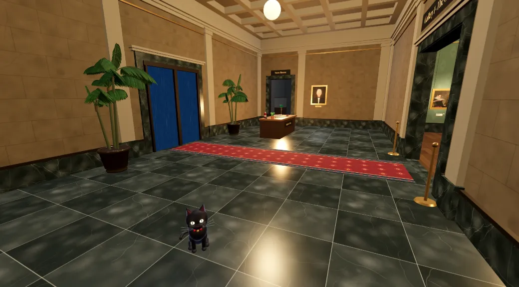 A museum entrance hall after hours: dark marble floor, a red runner, potted palms and tall blue doors, with the Registrar’s Desk at the far end. A small black cat sits in the foreground.