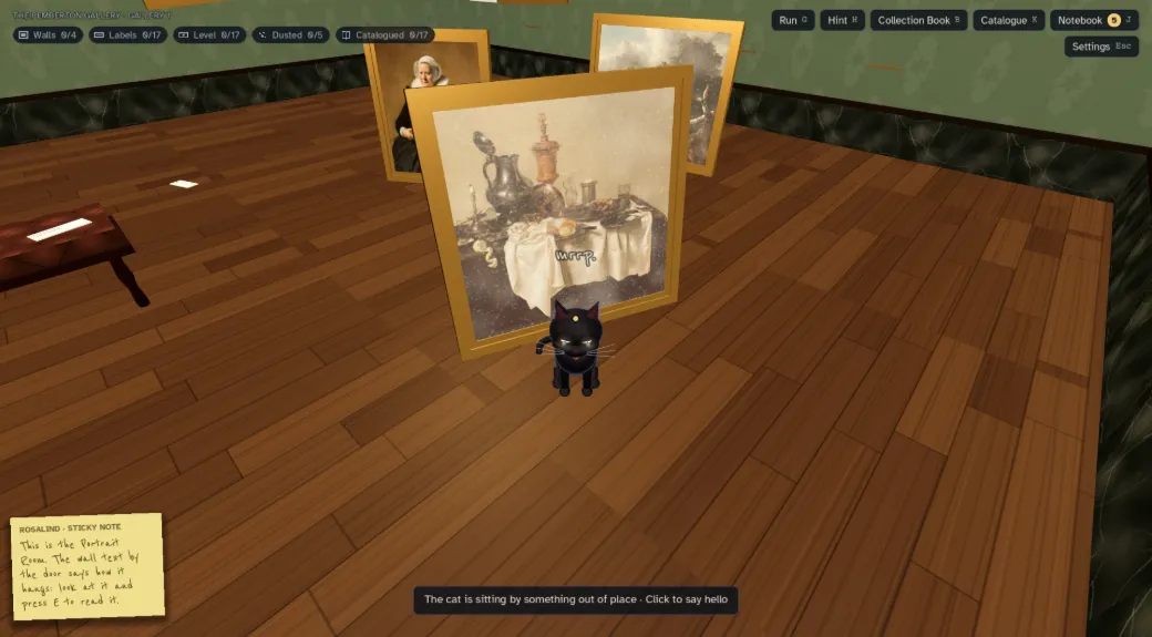The black cat sits in front of a still life propped on the floor and says “mrrp.” A prompt reads: “The cat is sitting by something out of place. Click to say hello.”