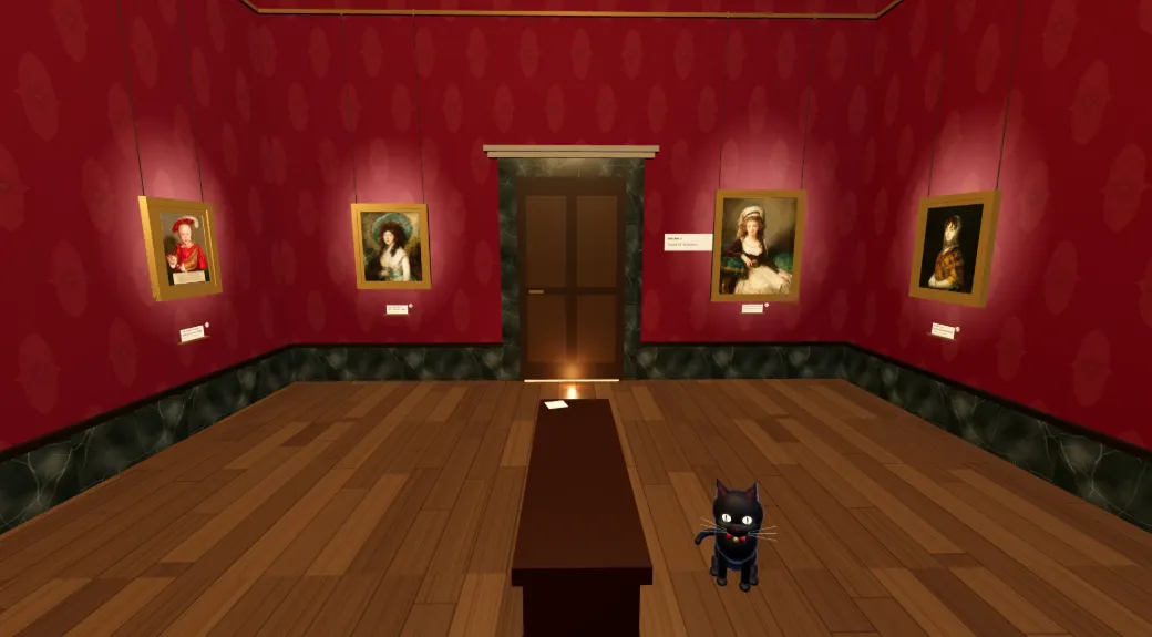 The Portrait Room: deep red walls, four portraits under spotlights, a long bench, and a closed door at the far end. The cat sits on the floor.