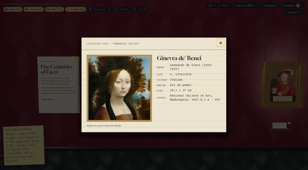 A catalogue card for Ginevra de’ Benci by Leonardo da Vinci, listing date, culture, medium, size and source: National Gallery of Art, Washington, CC0.