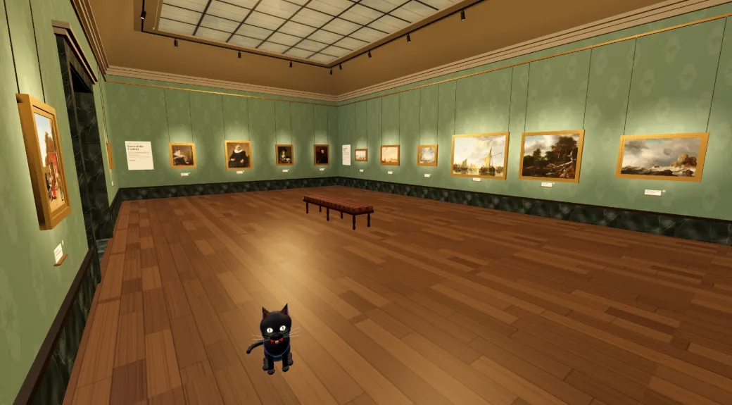 Gallery 1 fully hung: Dutch portraits and landscapes in gold frames run along the green walls, each lit from above, with a bench in the middle of the room.