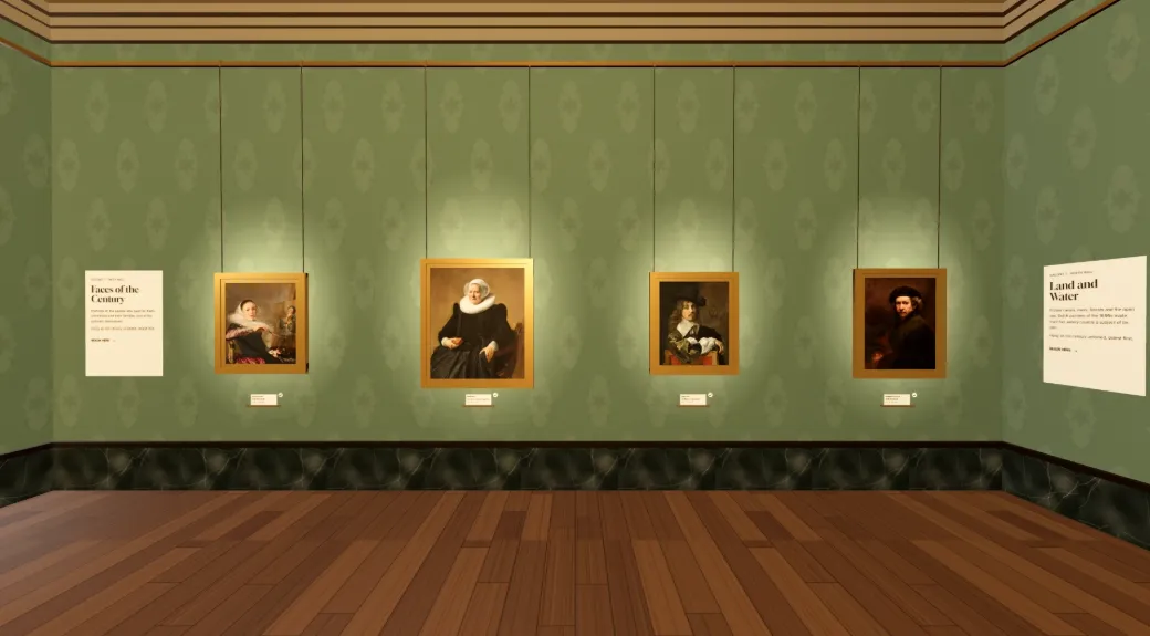 The west wall: four portraits in gold frames hang from picture wires, between the wall texts “Faces of the Century” and “Land and Water.”
