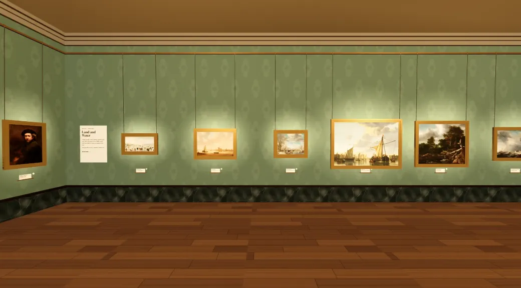 The north wall: a Rembrandt self-portrait at the corner, then the “Land and Water” wall text and a row of Dutch landscapes and seascapes.