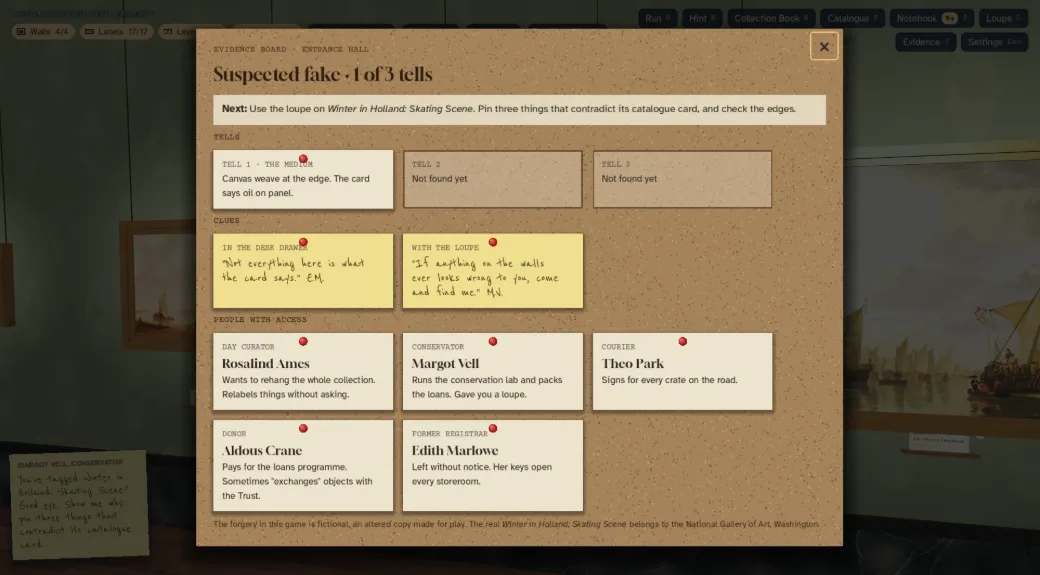 The evidence board for a suspected fake, with one of three tells found, two handwritten clue notes, and cards for the five people with access.
